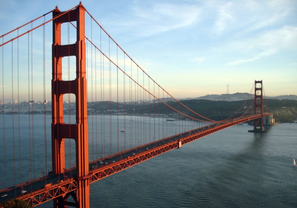 The Golden Gate Bridge in San Francisco, CA at sunset.